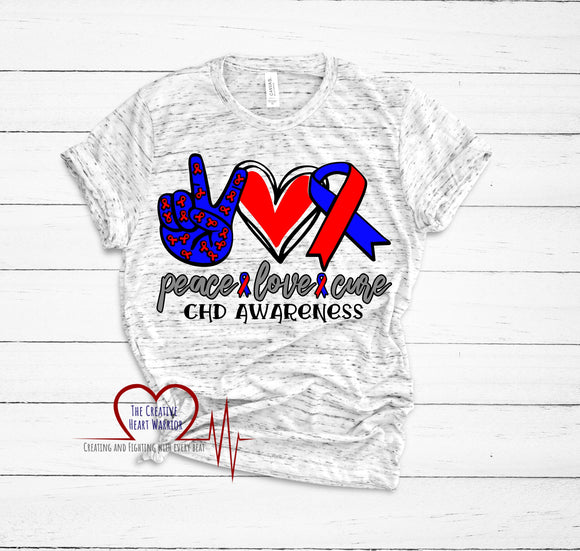 Peace Love Cure CHD Awareness T-Shirt Non-Glittered Option - The Creative Heart Warrior