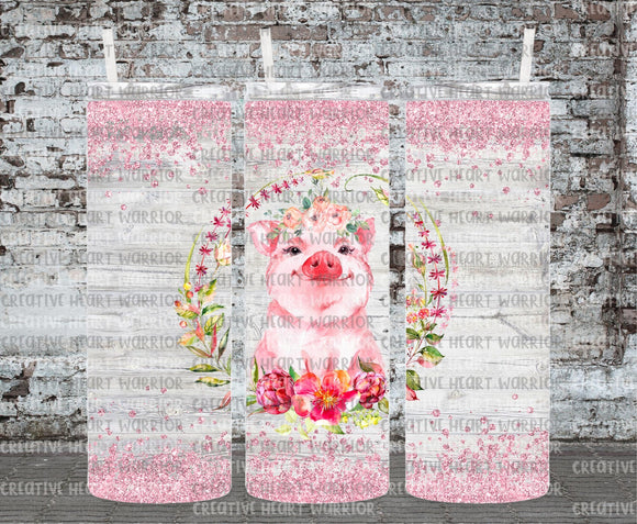 Floral Pig Pink Glitter 20 oz Stainless Steel Sublimated Tumbler