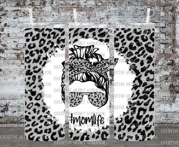 Grey Leopard Mom Life Messy Bun 20 oz Stainless Steel Sublimated Tumbler