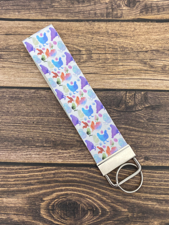 Watercolor Chickens Faux Leather Key Fob